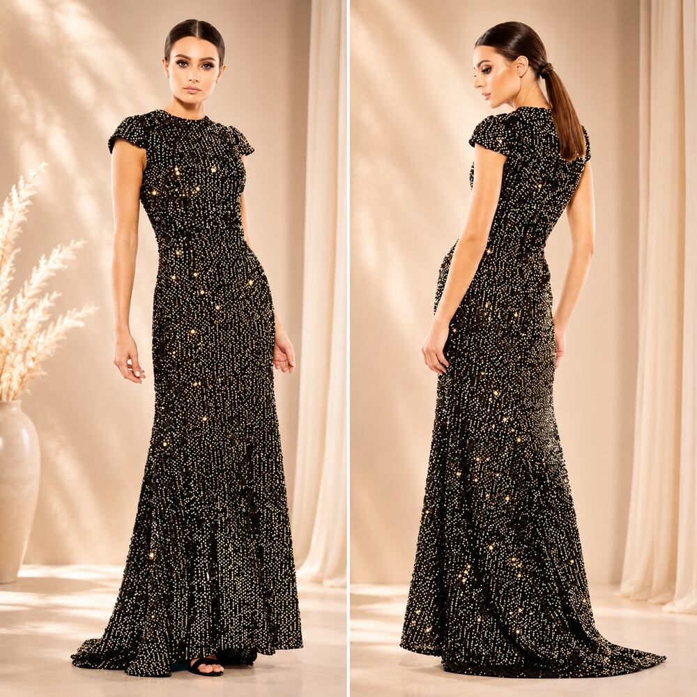 Mac Duggal 26647 Cap Sleeve Sequin Maxi Dress Gown Size 4 Black Gold New